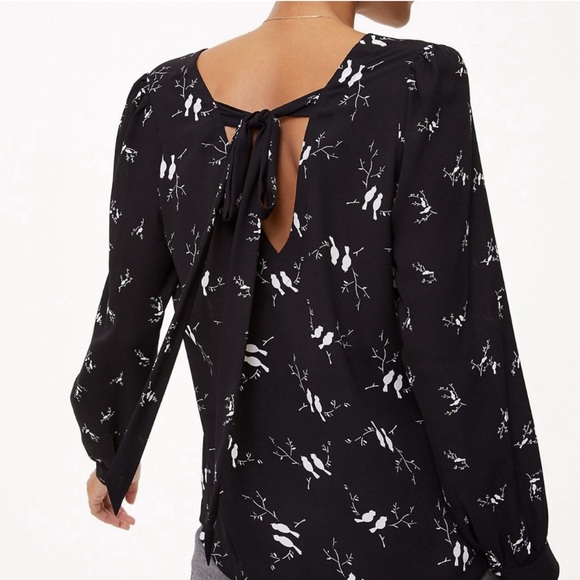 LOFT Black & White Bird Print Long-Sleeved Blouse -V Back with Tie Button Cuffs - Picture 2 of 7
